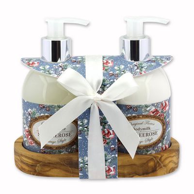 Body milk 250ml and liquid soap 250ml on a wooden shelf "Vintage-Motiv 211", Christmas rose white 