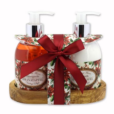 Body milk 250ml and liquid soap 250ml on a wooden shelf "Vintage-Motiv 213", Pomegranate 