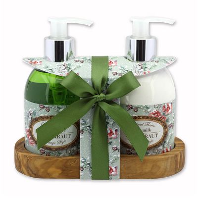 Body milk 250ml and liquid soap 250ml on a wooden shelf "Vintage-Motiv 217", Verbena 