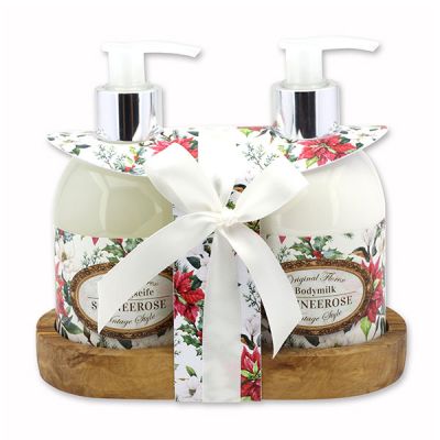 Body milk 250ml and liquid soap 250ml on a wooden shelf "Vintage-Motiv 219", Christmas rose white 