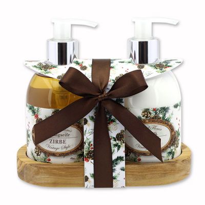 Body milk 250ml and liquid soap 250ml on a wooden shelf "Vintage-Motiv 224", Swiss pine 