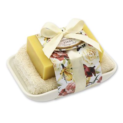 Sheep milk soap 150g on soap dish "Vintage motif 150", Swiss pine 