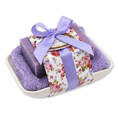 Sheep milk soap 150g on soap dish "Vintage motif 156", Lavender 