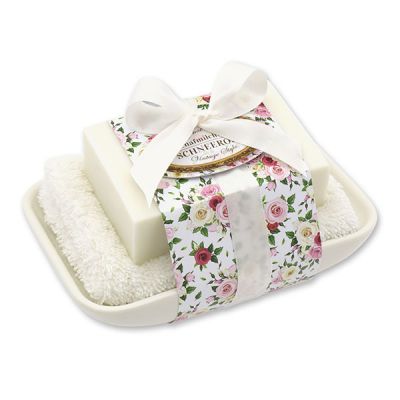 Sheep milk soap 150g on soap dish "Vintage motif 186", Christmas rose white 