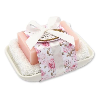 Sheep milk soap 150g on soap dish "Vintage motif 195", Peony 