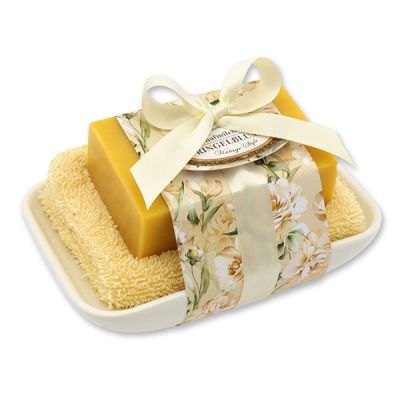 Sheep milk soap 150g on soap dish "Vintage motif 201", Marigold 