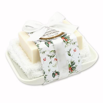 Schafmilchseife 150g auf Seifenschale "Vintage-Motiv 218", Schneerose 