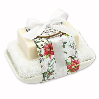Schafmilchseife 150g auf Seifenschale "Vintage-Motiv 219", Schneerose 