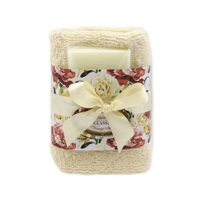 Sheep milk soap 35g and towel 30x30cm cream "Vintage motif 150", Classic 