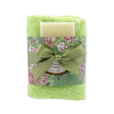 Sheep milk soap 35g and towel 30x30cm green "Vintage motif 18", Classic 