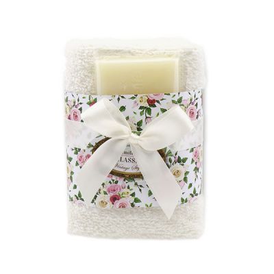 Sheep milk soap 35g and towel 30x30cm white "Vintage motif 186", Classic 