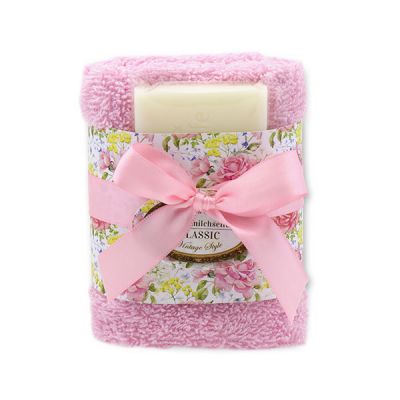 Sheep milk soap 35g and towel 30x30cm light pink "Vintage motif 192", Classic 