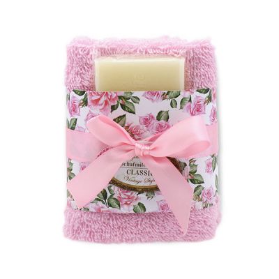 Sheep milk soap 35g and towel 30x30cm light pink "Vintage motif 193", Classic 