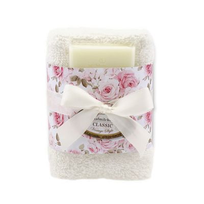 Sheep milk soap 35g and towel 30x30cm white "Vintage motif 195", Classic 