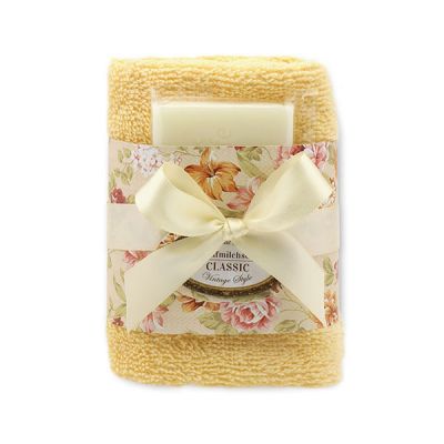 Sheep milk soap 35g and towel 30x30cm yellow "Vintage motif 20", Classic 