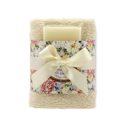 Sheep milk soap 35g and towel 30x30cm cream "Vintage motif 203", Classic 