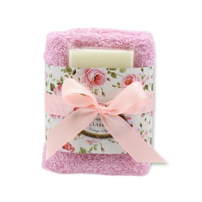 Sheep milk soap 35g and towel 30x30cm light pink "Vintage motif 205", Classic 