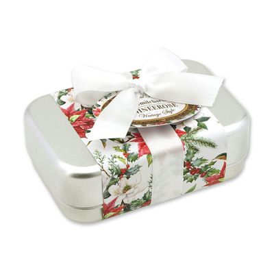 Sheep milk soap square 100g in a can "Vintage motif 219", Christmas rose white 