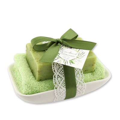 Square sheep milk soap 150g on soap dish, Verbena 