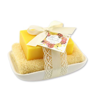 Square sheep milk soap 150g on soap dish, Honey 