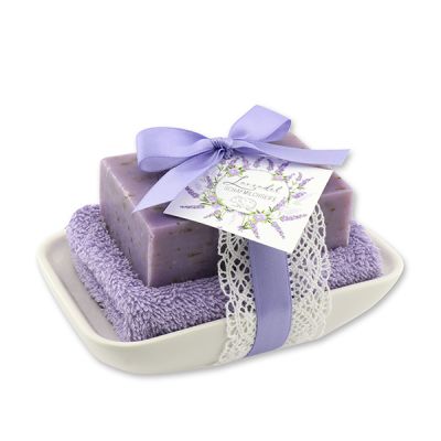 Square sheep milk soap 150g on soap dish, Lavender 