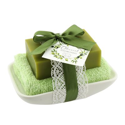 Square sheep milk soap 150g on soap dish, Olive oil 