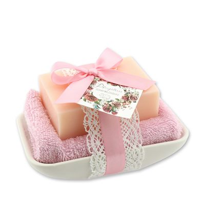 Square sheep milk soap 150g on soap dish, Peony 