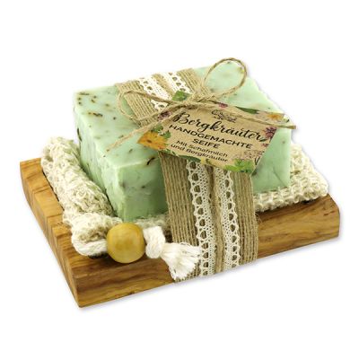 Cold-stirred sheep milk soap 150g on a olive wood soap dish "feel-good time", Mountain herbs 