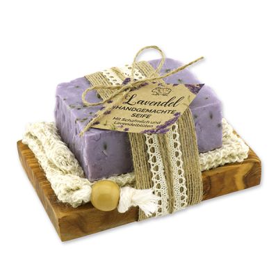 Kaltgerührte Schafmilchseife 150g auf Olivenholz-Seifenschale "Wohlfühlzeit", Lavendel 