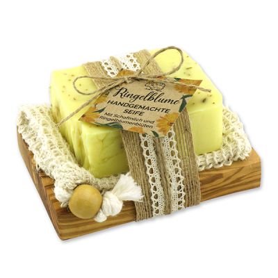 Cold-stirred sheep milk soap 150g on a olive wood soap dish "feel-good time", Marigold 