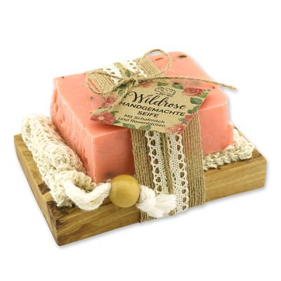 Cold-stirred sheep milk soap 150g on a olive wood soap dish "feel-good time", Wild rose 