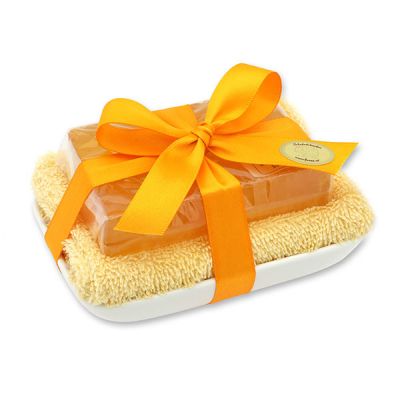 Handgemachte Glyzerin-Seife 90g in Folie auf Seifenschale, Aloe Vera 