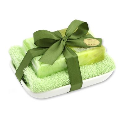 Handgemachte Glyzerin-Seife 90g in Folie auf Seifenschale, Apfel 