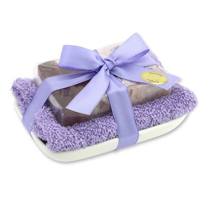 Handgemachte Glyzerin-Seife 90g in Folie auf Seifenschale, Heidelbeere-Brombeere 