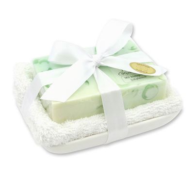 Handgemachte Glyzerin-Seife 90g in Folie auf Seifenschale, Impression 