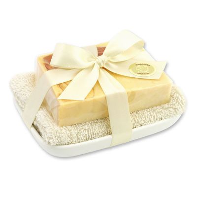 Handgemachte Glyzerin-Seife 90g in Folie auf Seifenschale, Kokos 