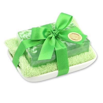 Handgemachte Glyzerin-Seife 90g in Folie auf Seifenschale, Maiglöckchen 