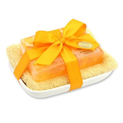 Handgemachte Glyzerin-Seife 90g in Folie auf Seifenschale, Mandarine 