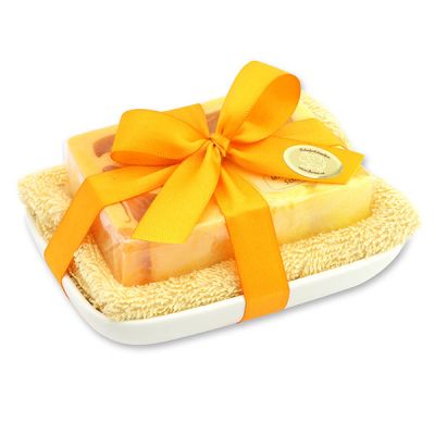 Handgemachte Glyzerin-Seife 90g in Folie auf Seifenschale, Marille 