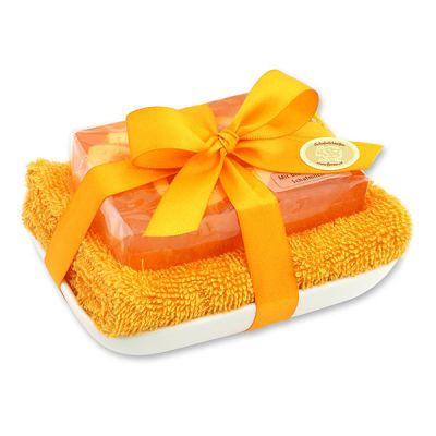 Handgemachte Glyzerin-Seife 90g in Folie auf Seifenschale, Orange 