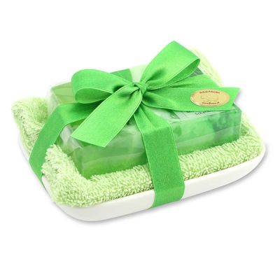 Handgemachte Glyzerin-Seife 90g in Folie auf Seifenschale, Tannenwald 