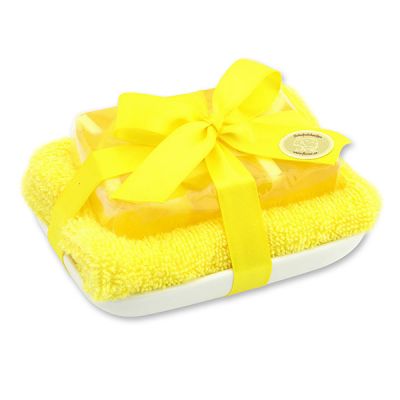 Handgemachte Glyzerin-Seife 90g in Folie auf Seifenschale, Zitrone 