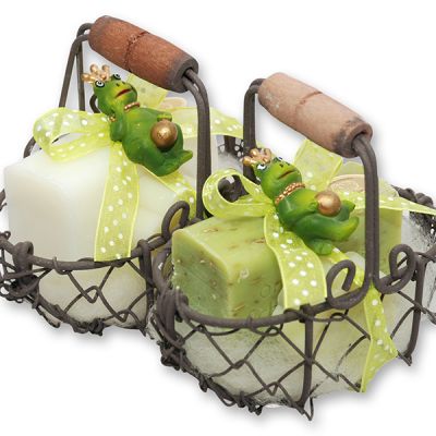Wire basket filled with a sheep milk soap square 100g and flower soap 20g, decorated with a frog prince, Classic/verbena 