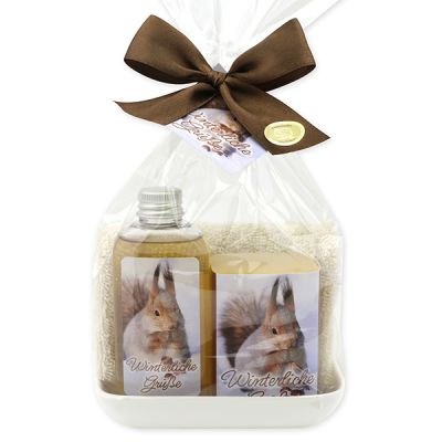 Care set 4 pieces in a cellophane "Winterliche Grüße", Swiss pine 