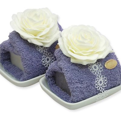 Sheep milk soap 150g on a soap dish decorated with a wash cloth, Classic/lavender 