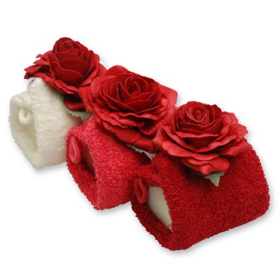 Sheep milk soap 100g in a washclothes decorated with a rose, sorted 