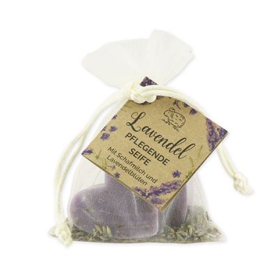 Sheep milk soap heart 2x23g with lavender petals in organza bag "feel-good time", Lavender 