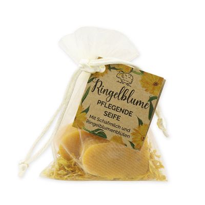 Sheep milk soap heart 2x23g with marigold petals in organza bag "feel-good time", Marigold 