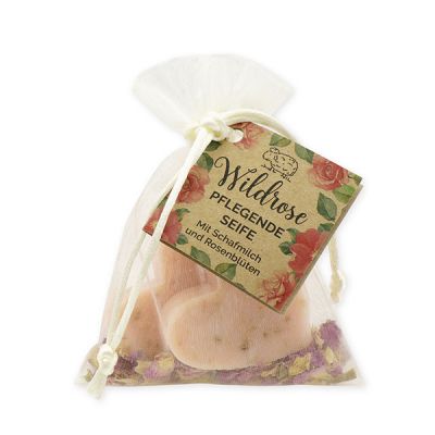 Sheep milk soap heart 2x23g with rose petals in organza bag "feel-good time", Wild rose with petals 