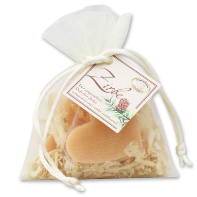 Sheep milk soap heart 2x23g decorated with swiss pine shavings in organza, Swiss pine 